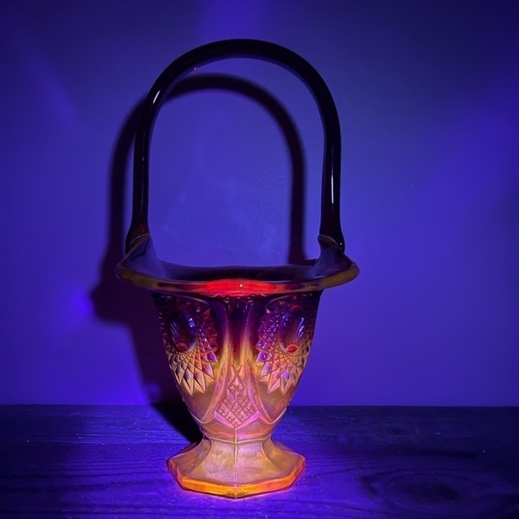 Indiana Glass pedestal basket Heirloom pattern Amberina Cadmium glass glows!